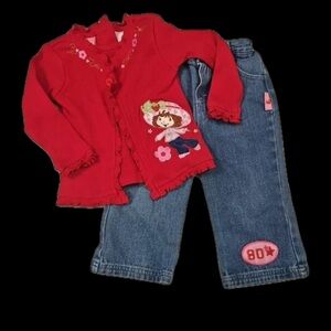Strawberry shortcake Red Cardigan and Blue Jeans Set